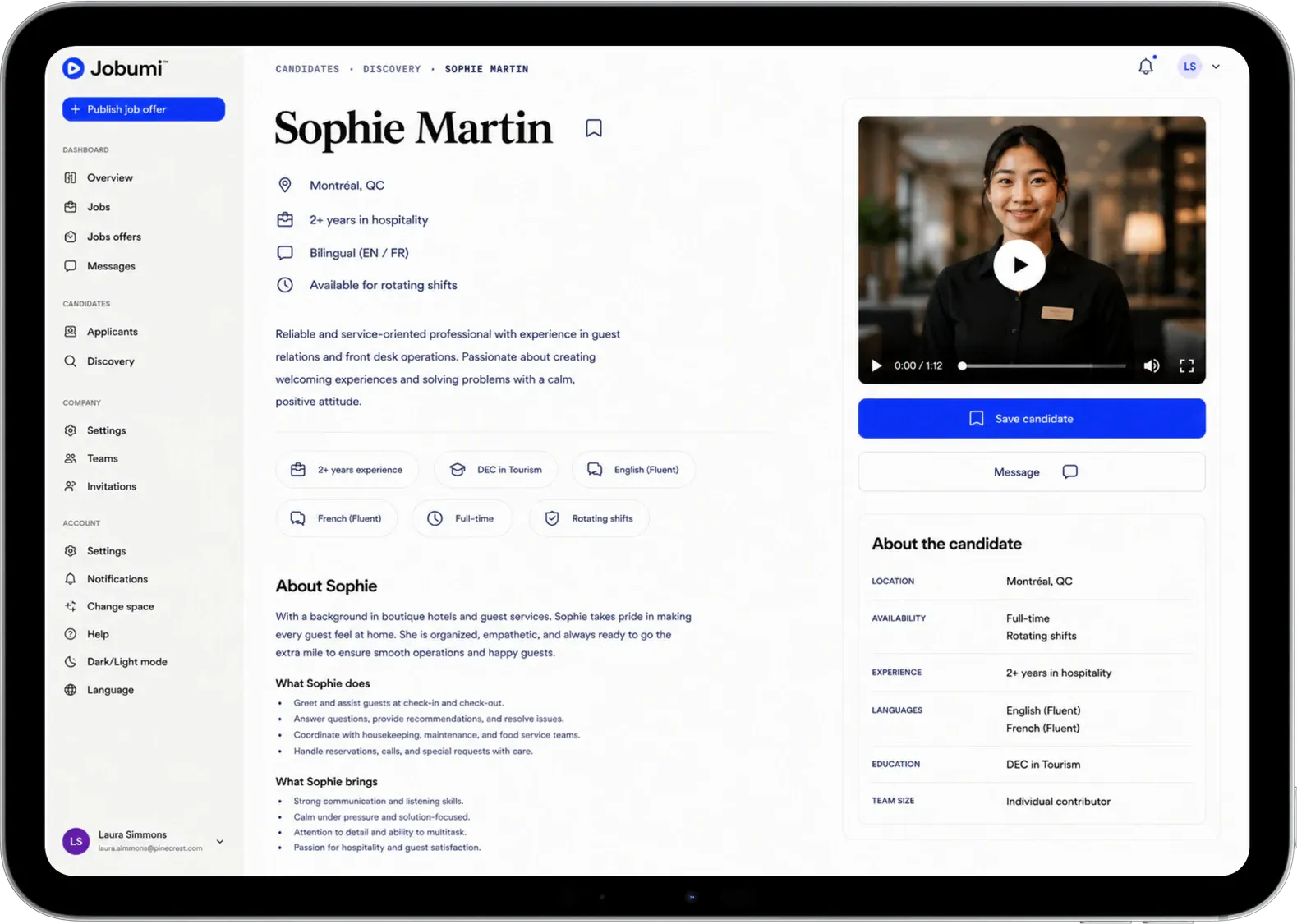 Profil public Jobumi avec vidéo de présentation, expérience, formation et compétences